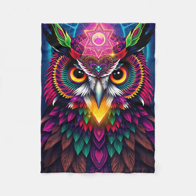 Couverture Polaire Psychedelic Owl: Neon Mandala Art (Devant)