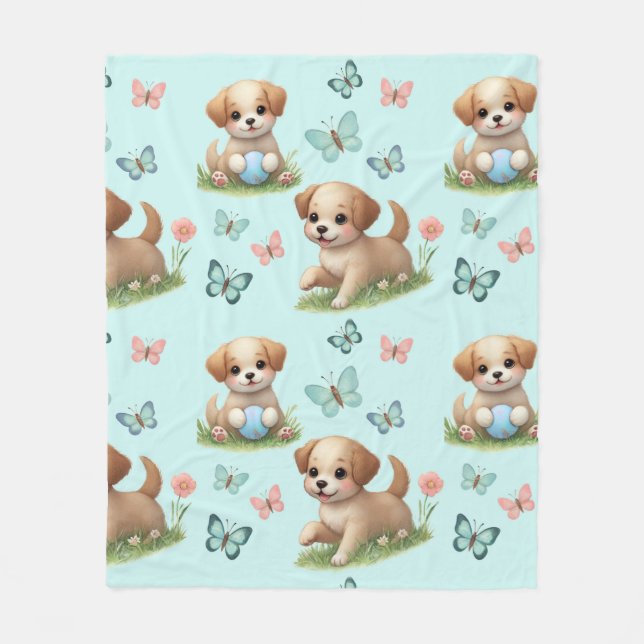 Couverture Polaire Puppies and Butterflies on Blue (Devant)
