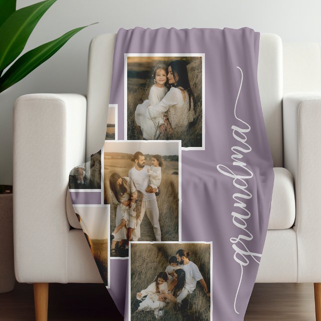 Couverture Polaire Purple Custom Grandma Grandkid 5 Photo Collage  (Créateur téléchargé)