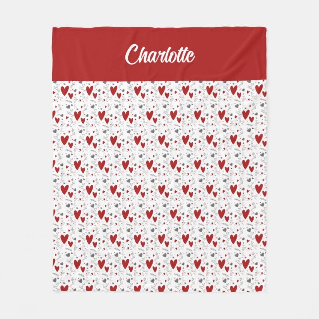 Couverture Polaire Red Black Doodle Hearts Retro Monogram Name (Devant)