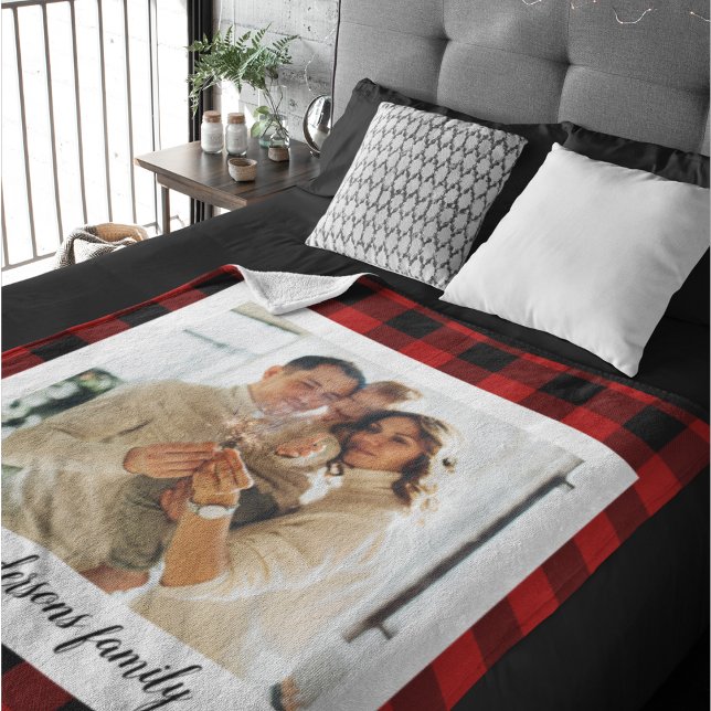 Couverture Polaire Red Buffalo Plaid & Nom Personnel Et Photo (Créateur téléchargé)