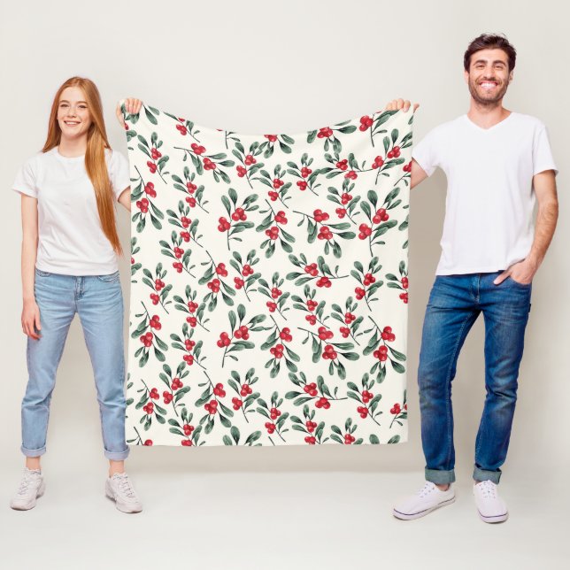 Couverture Polaire Red Holly Berries feuilles de la feuille verte (En situation)