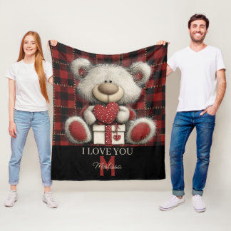 Couverture Polaire Red Plaid Bear I Love You Custom Name Monogram