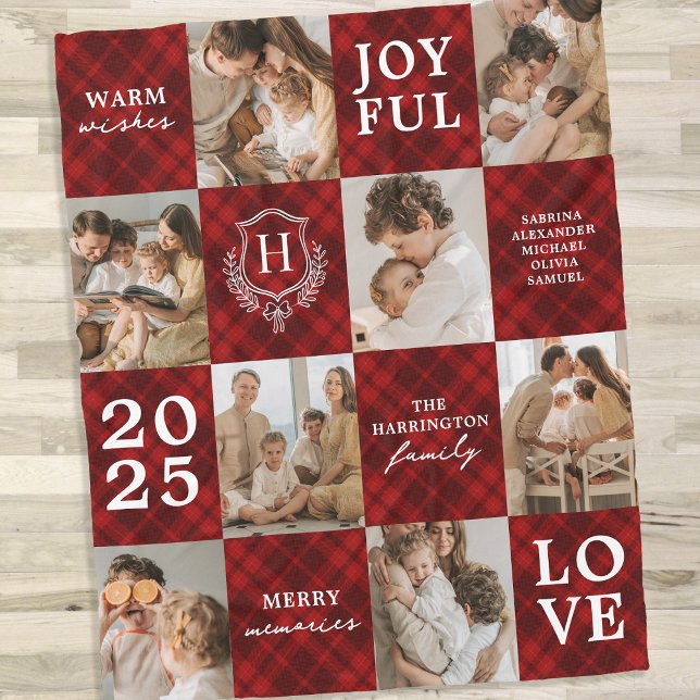 Couverture Polaire Red Plaid Family Monogram Photo Collage Christmas (Créateur téléchargé)