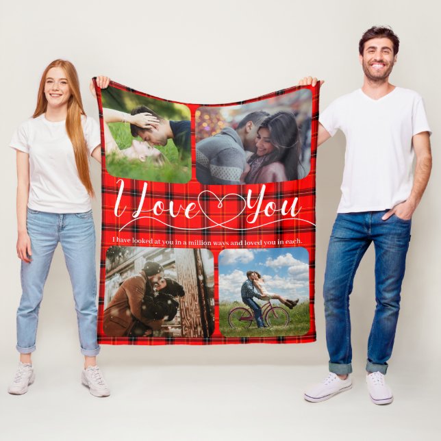 Couverture Polaire Red Tartan Love Couples Collage photo (En situation)