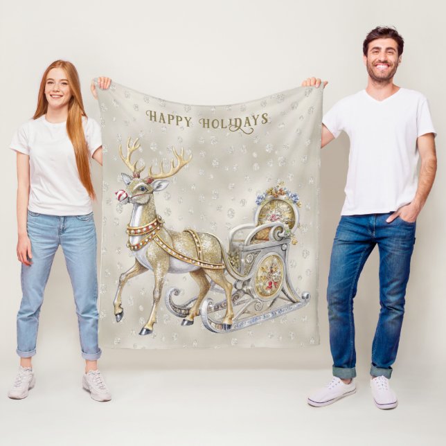 Couverture Polaire Reindeer Sleigh Vacances Toison Blanche (En situation)