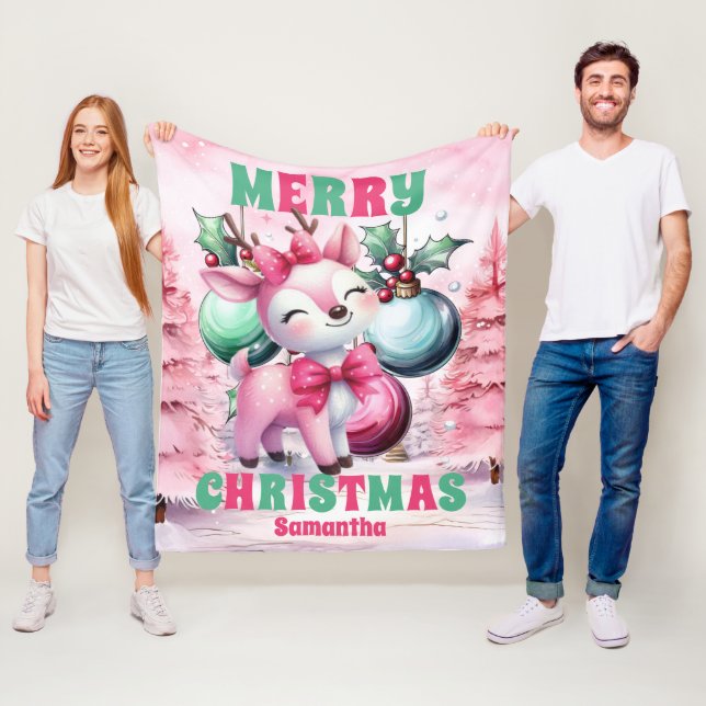 Couverture Polaire Renard de Noël rose Nom personnalisé des enfants (En situation)