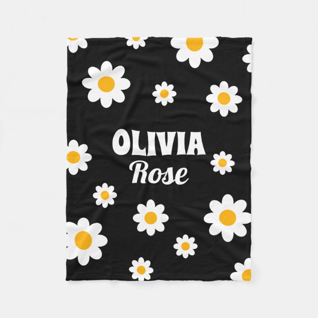 Couverture Polaire Retro Black Daisy 70's Hippie Nom personnalisé (Devant)