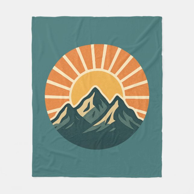 Couverture Polaire Retro Blue Mountain Sunrise | Outdoor Nature Teal (Devant)