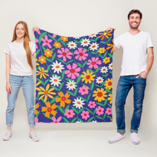 Couverture Polaire Retro Boho rose orange motif floral sur bleu marin