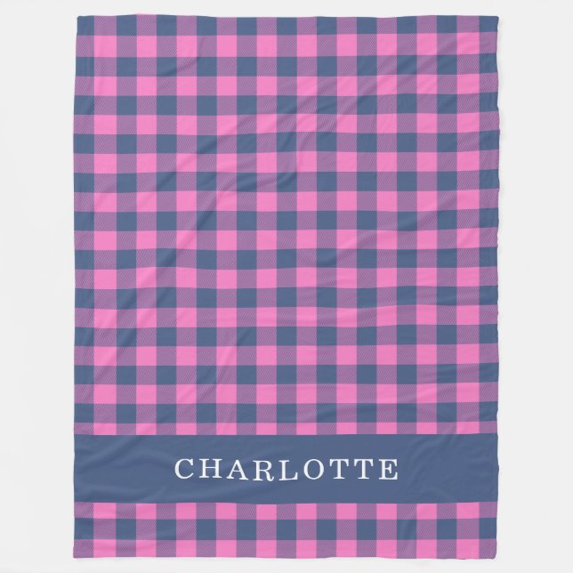 Couverture Polaire Retro Buffalo Plaid Pink Blue Nom personnalisé (Devant)