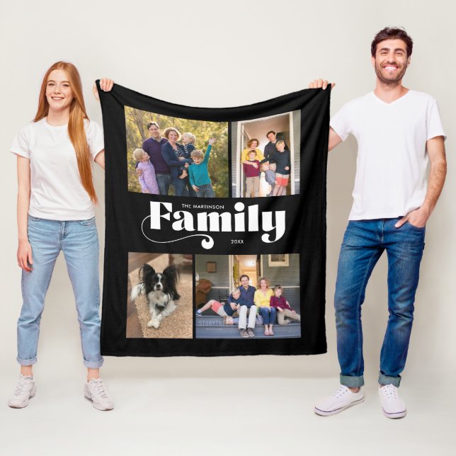 Couverture Polaire Retro Family 4 Photo Collage Arrière - plan noir (En situation)