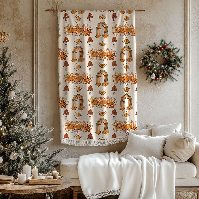 Couverture Polaire Retro Groovy Pastel Rainbows and Mushrooms Blanket (Retro Groovy Pastel Rainbows and Mushrooms Blanket)