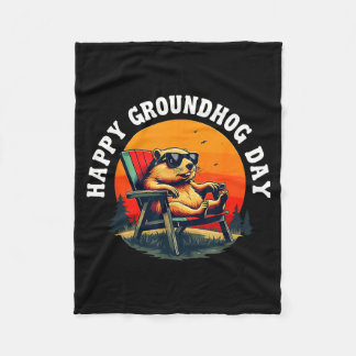 Couverture Polaire Retro Happy Groundhog Day Funny Ground Hog Sunset 