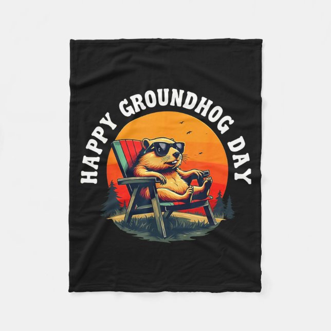 Couverture Polaire Retro Happy Groundhog Day Funny Ground Hog Sunset  (Devant)