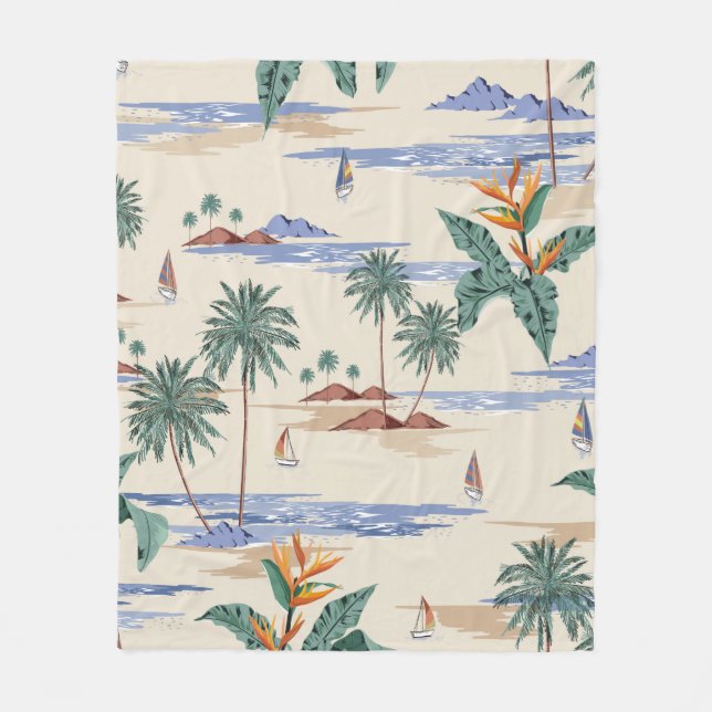 Couverture Polaire Retro seamless tropical island pattern on light be (Devant)