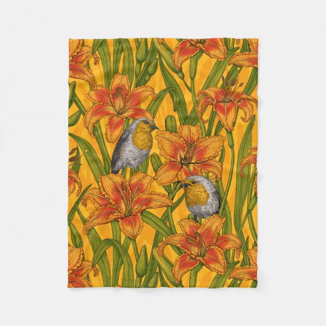 Couverture Polaire Robins et fleurs de lys, orange et vert (Devant)