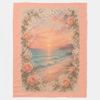 Couverture Polaire Romantic Coastal Sunset: Peach Roses & Vintage 