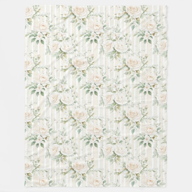 Couverture Polaire Romantique Buisson Blanc Roses Fleurs Rayures   (Devant)
