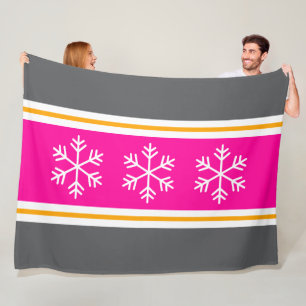 Couverture Polaire Rose Clair Gris Rayures Flocons de Neige Élégant