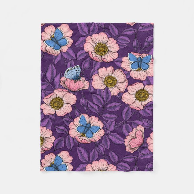 Couverture Polaire Rose de chien et papillons en rose et violet (Devant)