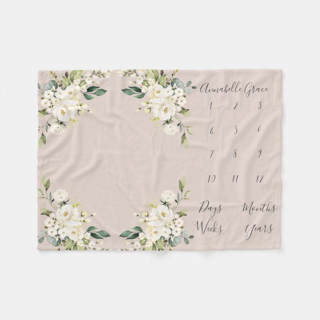 Couverture Polaire Rose florale Bébé blanc brillant mois jalon (Devant (Horizontal))