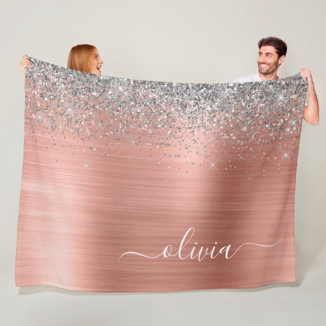 Couverture Polaire Rose Gold Argent Pailleté Monogramme Métal Brossé (En situation)