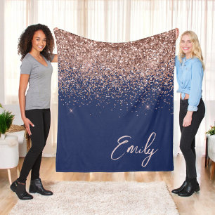 Couverture Polaire Rose Gold Bleu Marine Blush Fleur Pailleté Monogra
