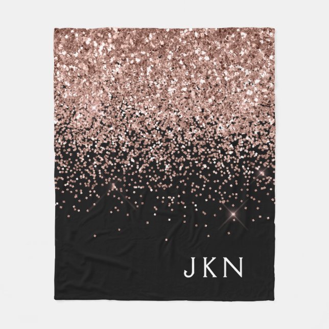 Couverture Polaire Rose Gold Blush Rose Noir Paillettes Monogramme (Devant)