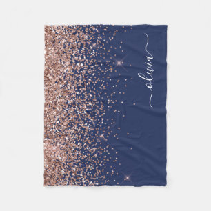 Couverture Polaire Rose Gold Rose Pâle Bleu Nuit Paillettes Monogramm