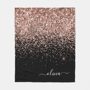 Couverture Polaire Rose Gold Rose Pâle Paillettes Noir Monogramme Nom