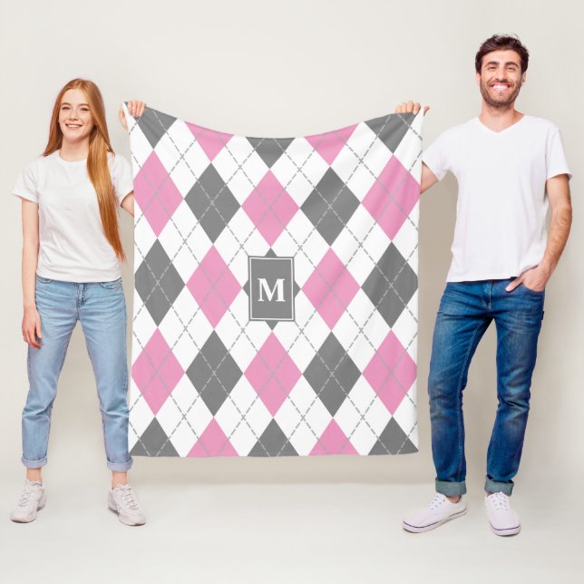 Couverture Polaire rose gris blanc Jacquard plaid monogrammé (En situation)