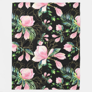 Couverture Polaire Rose Magnolia Aquarelle Motif Noir
