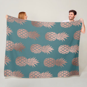 Couverture Polaire Rose moderne Gold Turquoise Motif d'ananas vert 