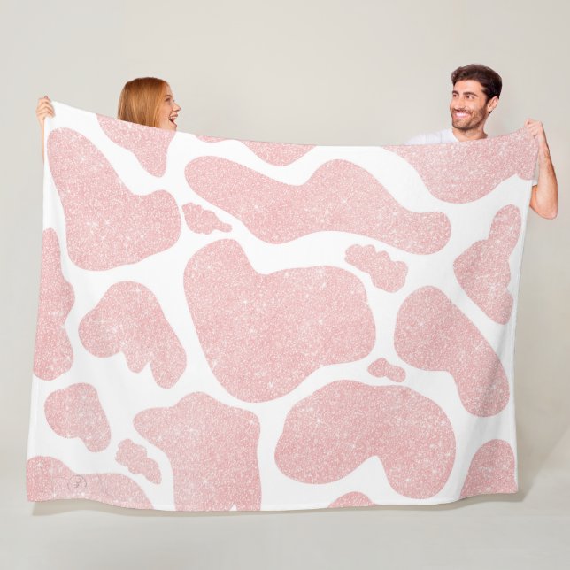 Couverture Polaire Rose Or blanc Grandes taches de vache Motif animal (En situation)