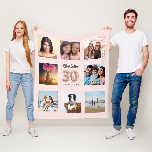 Couverture Polaire Rose or blush photo collage nom 30e anniversaire (En situation)