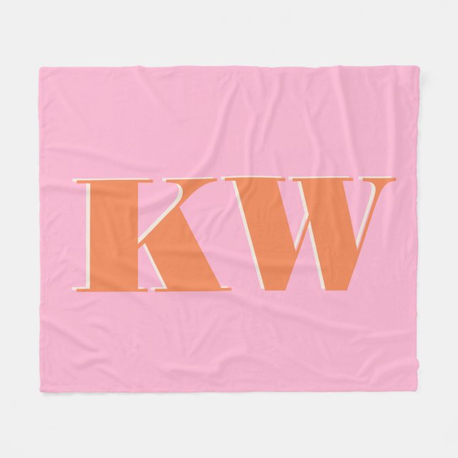 Couverture Polaire Rose orange monogramme personnalisé horizontal (Devant (Horizontal))