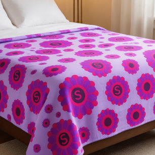 Couverture Polaire Rose Violet Magenta Floral Initiale