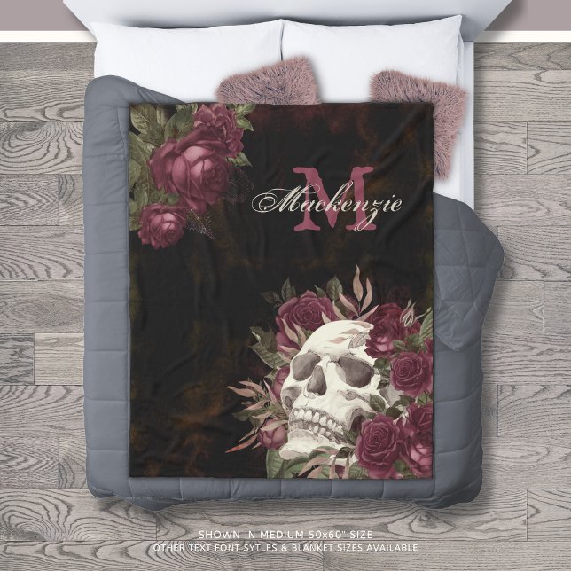 Couverture Polaire Roses du crâne Nom du monogramme Burgundy Grunge D (Créateur téléchargé)