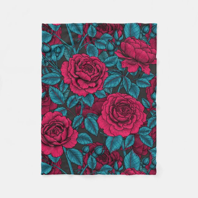 Couverture Polaire Roses en rouge et bleu (Devant)