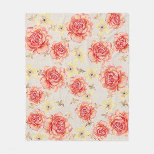 Couverture Polaire Roses Florales Rose et Jaune sur Fond Abeilles Dor