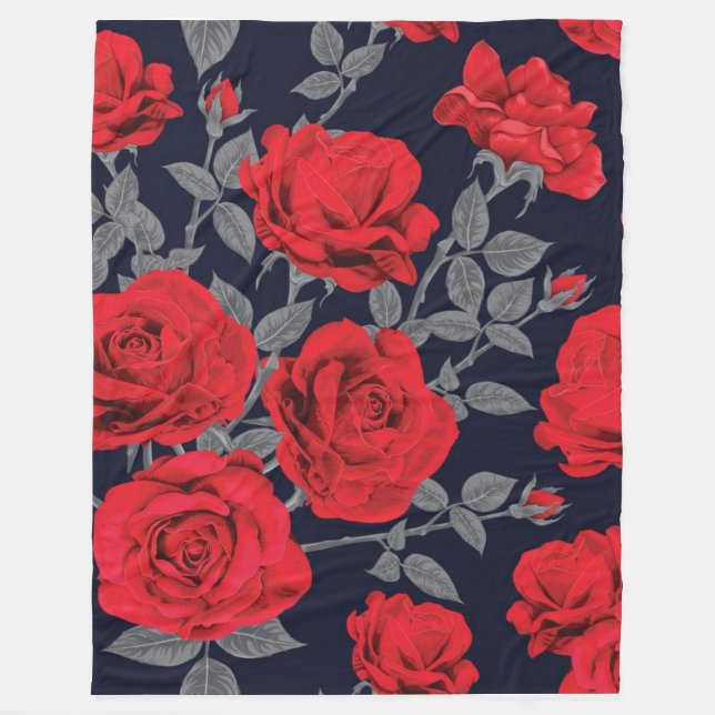 Couverture Polaire roses rouges avec feuilles gris et arrière - plan  (Devant)