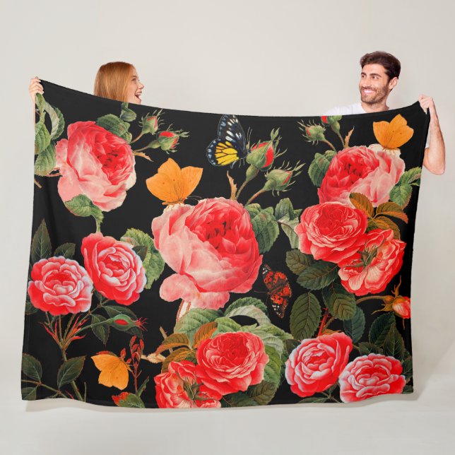 Couverture Polaire ROSES ROUGES ET BOUTEILLES JAUNES Floral noir (En situation)