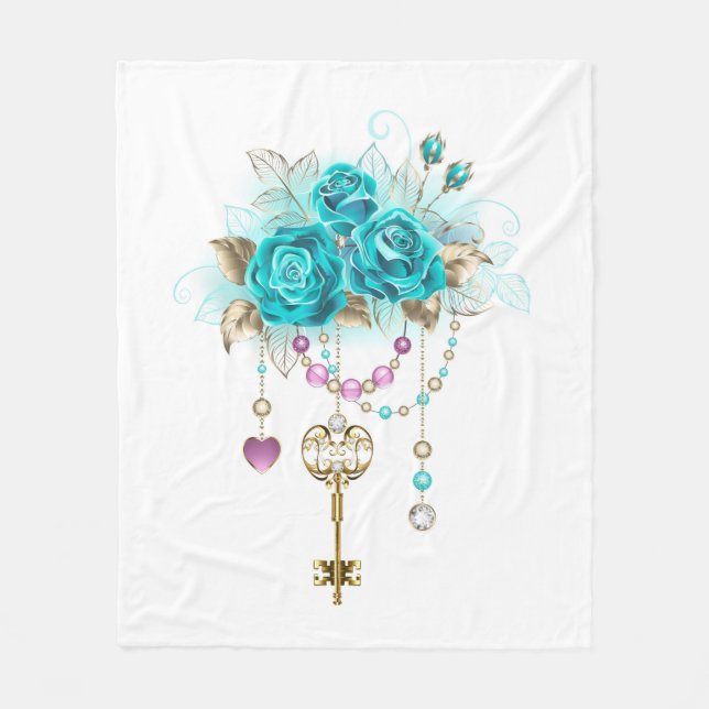 Couverture Polaire Roses turquoise avec touches (Devant)