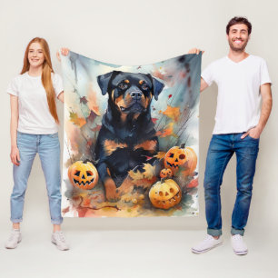 Couverture Polaire Rottweiler Halloween avec citrouilles effrayant