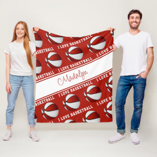 Couverture Polaire rouge blanc J'aime basket filles sport décoration