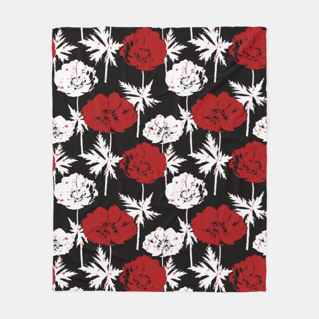 Couverture Polaire Rouge, fleurs blanches sur noir (Devant)