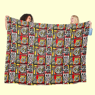 Couverture Polaire Rouge Jaune Noir Abstrait Africain Tribal Géométri