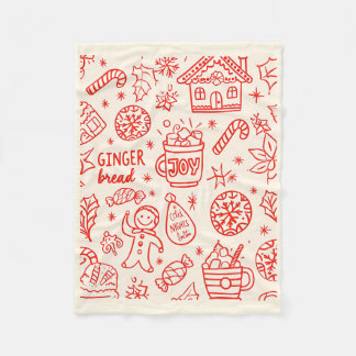 Couverture Polaire Rouge Jouer Main tiré Doodle Whimsical Noël