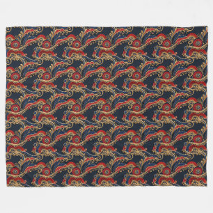 Couverture Polaire Rouge riche, Marine, Or Flou de défilement Floral